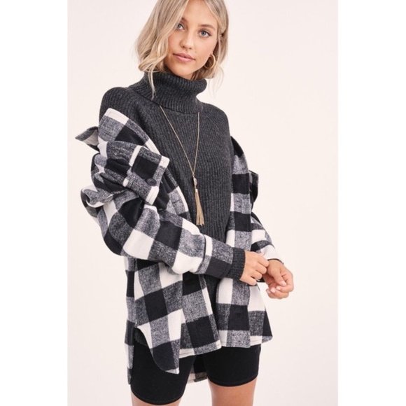 Stella Black & White Buffalo Plaid Button Front Shacket sz Lg - Picture 5 of 8